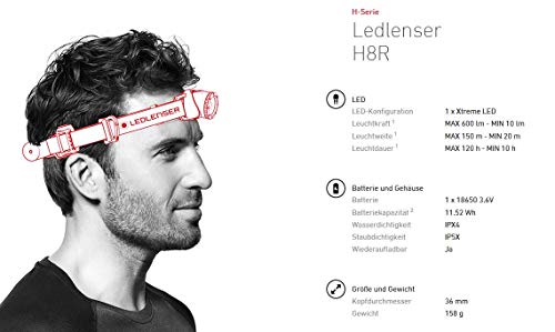 Ledlenser H8R, LED Stirnlampe, 600 Lumen, bis zu 120h Laufzeit, rotes Rücklicht, inkl. Akku, aufladbar, Box-Verpackung - Image 5
