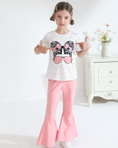 Image of CARETOO Girls Summer Outfit Poster Girl Matching Sister 2pcs Sets Printed t-Shirt + Flare Leg Pants For 3-10 Years