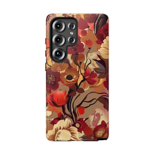 Coque Samsung S25 Ultra rigide motif floral orange bordeaux brillant