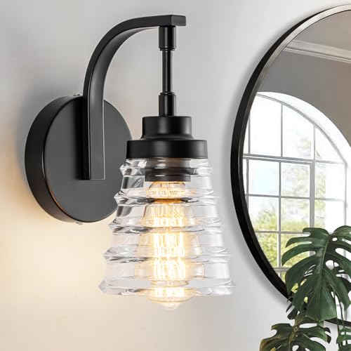 Image of Modern Black Wall Sconce, Bathroom Vanity Fixture | Clear Glass