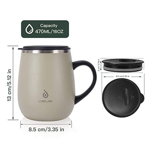 Ideus 16 Oz Insulated Coffee Mug With Handle And Lid, Double Wall Stainless Steel Vacuum Insulated Tumbler Cup, Travel Coffee Cup Thermal Cup For Home And Office, Mars Celadon #TOP2