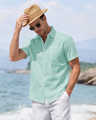 Image of J.VER Mens Linen Shirt Short Sleeve Button Down Casual Summer Shirts | Cotton Linen, Untucked, Big Tall, from Beach Camp Vacation, Cruise Fishing, Work Office, to Wedding Party Family, with Pocket