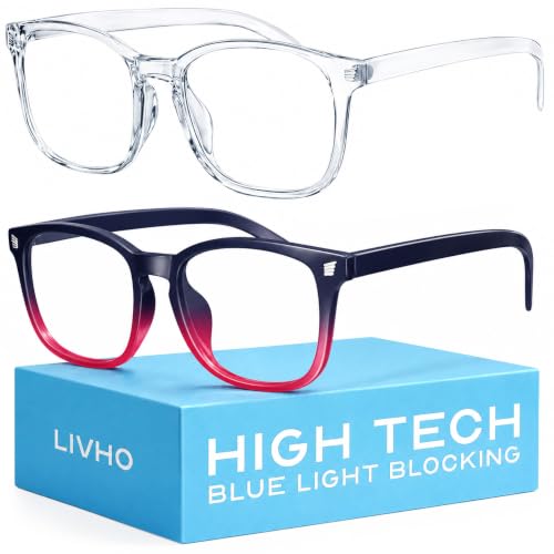 Image of livho High Tech Blue Light Blocking Computer Glasses | Advanced Blue Light Blocking, Screen Fatigue Protection, UV Protection, Clear + Blue Purple