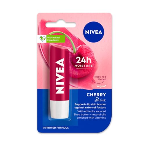 Image of NIVEA Cherry Shine 4.8g Lip Balm|24 H Melt in Moisture Formula|Natural Oils|Glossy Finish,4.8 g (Pack of 1)