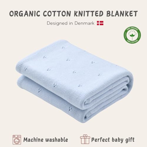 Image of 100% Organic Cotton Knit Receiving Baby Blanket for Newborns - Soft, Breathable Blanket for Crib & Stroller - Nursery Gift (Baby Blue)