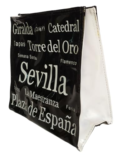 Luis Domínguez souvenirs Bolso de mano fabricado en plástico decorado con textos de lugares turísticos en Sevilla.