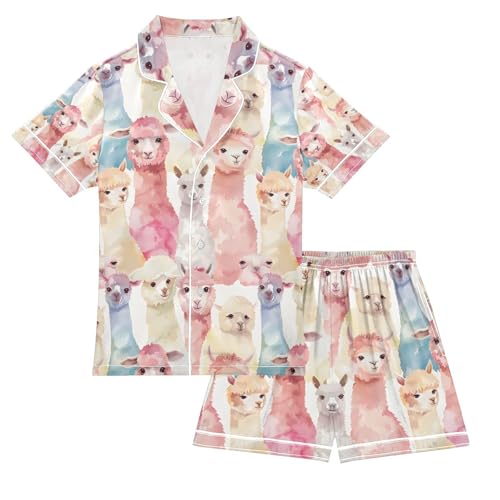 senya Watercolor Alpaca O Satin Summer Pajama Sets Silk Short Sleeve Button Down Sleepwear