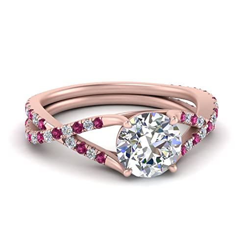 Image of Choose Your Gemstone 4 Prong Split Twisted Diamond CZ Ring Rose Gold Plated Round Shape Split Shank Engagement Ring Minimal Modern Design Birthday Gift Wedding Gift US Size 4 to 12