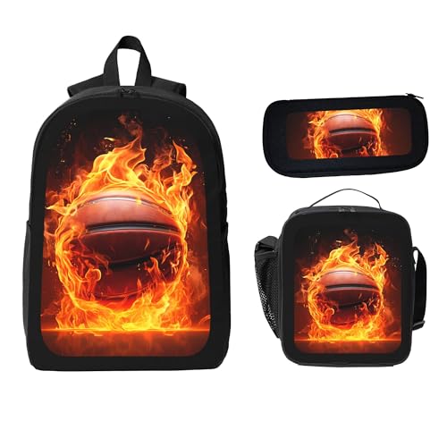 Flame Red Sports Basketball Large 3-Piece Backpack Set with Insulated Lunch Box & Pencil Case Waterproof 17 Inches Backpacks Bag Back Packs Pencil Pouch Lunch Bag for Men Women 3 Pcs (Black)2