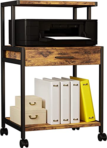 Awpfy Mobile Printer Stand Table, Rolling Cart With Drawer And 3 Tier Storage Shelf, Filing Cabinet For Home Office, Vintage Brown #TOP2