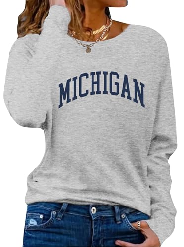 Hilinker Womens Long Sleeve Tops Graphic Tee Casual Loose Crew Neck T Shirts Grey Michigan X-Large
