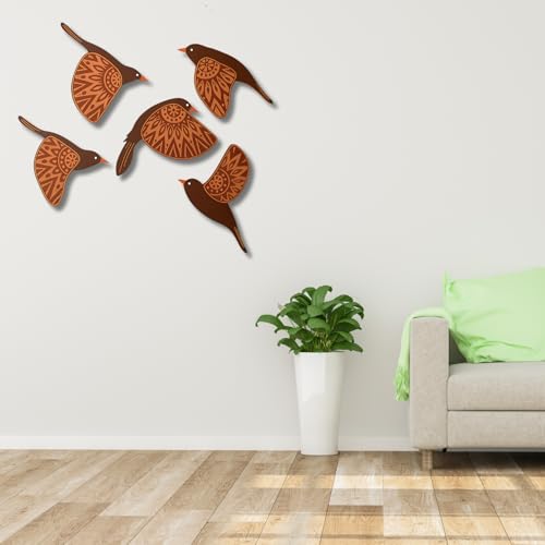 Image of GiftOday Wooden 3D 5 Pieces Birds for Wall Art Panel | Wood Bird Folk Art Wall Hanging Art Decoration Item for Living Room, Bedroom, Drawing Room, Dining Room & Office (Brown) Pack of 1