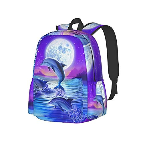 KiuLoam 17 Inch Backpack Dolphin Jumping Under Moonlight Laptop Backpack Shoulder Bag School Bookbag Casual Daypack
