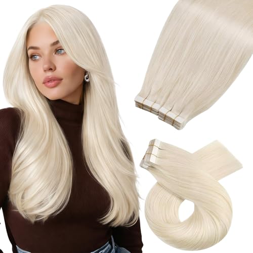 Image of Moresoo White Blonde Tape Hair Extensions Human Hair 24 Inch 40Pcs 100g | Blonde tape in hair extensions human hair, fuller coverage, extra-long straight strands, photo shoots, travel and events