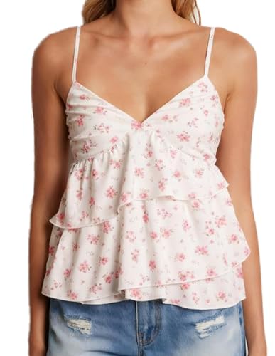 Image of Women Floral Camisoles Tops Sexy V Neck Backless Ruffle Hem Going Out Tops Cute Summer Y2k Teen Girls Camis