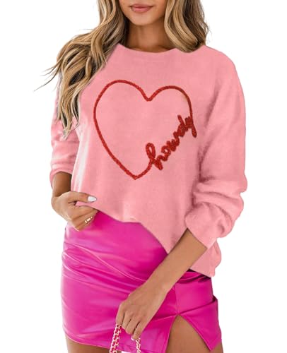 Image of SELINK Women's Valentines Sweater Crew Neck XOXO Heart Print Casual Long Sleeve Pullover Tops Sweaters Pink Heart-S