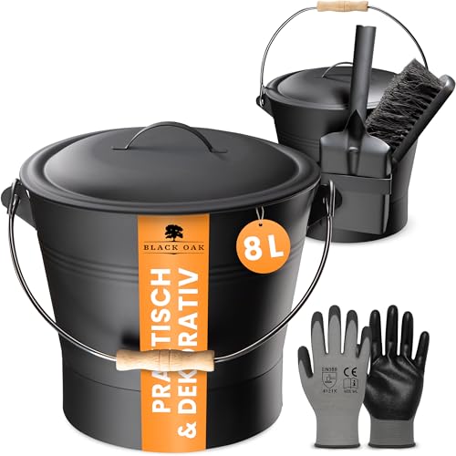 BLACK OAK Ascheeimer LANIN 8L - Asche-Eimer schwarz mit Deckel & Holz-Griff HELL + Feger + Schaufel & Handschuhe - 8 L groß Stahl feuerfest verzinkt & pulverbeschichtet für Asche Kohle Pellets