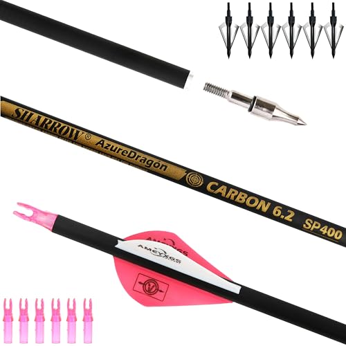 AMEYXGS 30" Flechas de Carbono 300 350 400 500 600 Spine Flechas de Caza con Puntas Reemplazables Flechas de Práctica para Arco Compuesto, Recurvo y Arco Largo (400 Spine, Rosa)