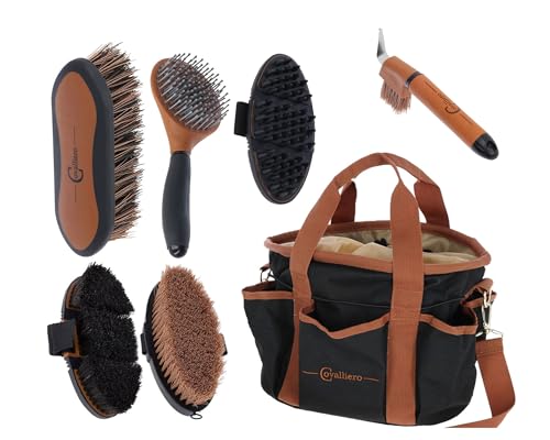 Covalliero Kit d'entretien cheval Premium 7 pièces avec sac de nettoyage – Brosses, étrille et grattoir à sabots pour l'entretien du cheval | Kit complet...