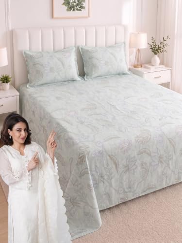Image of Mafatlal 186 TC Metro Cotton King Size Bedsheet | 108 x 108 Inch | Breathable Cotton Bed Sheet with 2 Pillow Covers | Stylish Home Linen | Emerald Teal