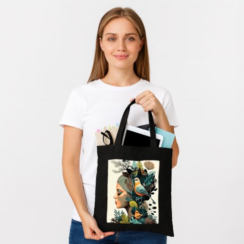 Image of Black Tote Bag With Pocket Printed Designed Canvas Tote Bags For Women large capacity,Tote bag For Shopping, College, Travel, More Canvas Handbag For Unisex Bag