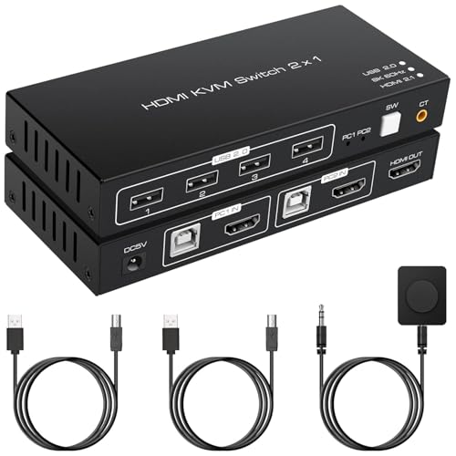 Image of 8K60Hz KVM Switch HDMI 2 Port 4K120Hz KVM Switches for 2 Computers 1 Monitor Share Keyboard Mouse Printer Support Wire Desktop Controller Includes 2 USB 2.0 Cables