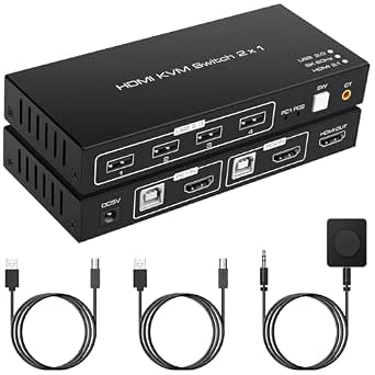 Switch KVM HDMI 2 PC 3 Monitores - 4K@144Hz, 8K@60Hz, 4 Puertos USB 3.0, Incluye Cables