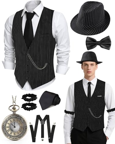 HaBaeBae 1920s Mens Costume Roaring 20s Costumes for Men Fedora Hats for Men 1920S Mens Outfit with Hat Vest Pocket Watch Tie Armband Bow Tie Suspenders