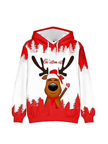 NATUST Kinder Weihnachten Hoodies Jungen 3D Druck Kapuzenpullover Mädchen Xmas Pullover Unisex Christmas Sweatshirt mit Taschen Elch 128 Cover