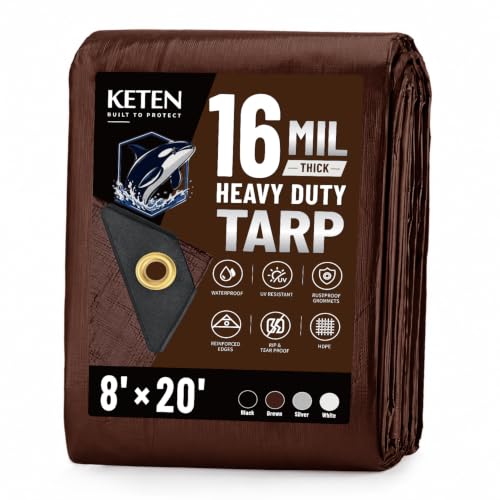 Keten Tarps Heavy Duty Waterproof 8x20 Feet Extra Thick 16 Mil (Brown)