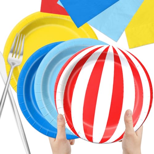Image of CMUSKO 60Pcs Carnival Plates and Napkins-Circus Theme Party Decorations Red Blue Yellow Tableware for Birthday, Baby Shower