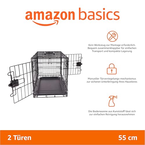 Amazon Basics Zusammenklappbarer Hundekäfig aus Metalldraht mit Bodenschale, Doppeltür, Faltbarer, Abnehmbarer Boden, 56 cm, L 56 x B 33 x H 41 cm, Schwarz