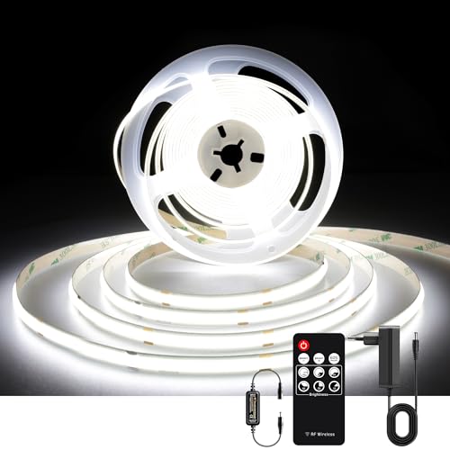 AXMOTUT COB LED Streifen 3m, LED Strip Kaltweiß 6000K, LED Lichtband 24V 320LEDs/M, Dimmbar Led Streifen 3m mit RF Fernbedienung und Netzteil, CRI90 für Zuhause Partei deko, DIY Dekoration