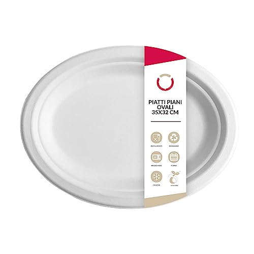 DOT Horeca Solutions 50 Piatti piani OVALI bianchi carta bagassa 32x25 CM usa e getta monouso piatto ovale polpa di cellulosa biodegradabili compostabili riciclabili bio | bianco canna da zucchero