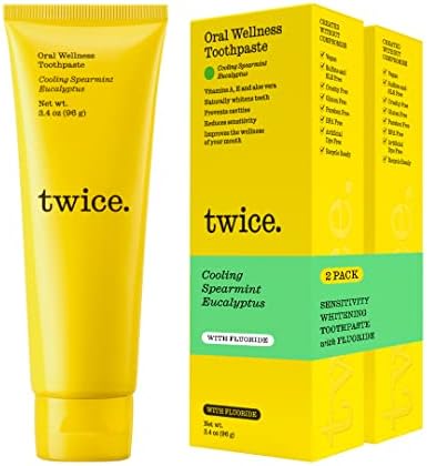 Twice Vegan Toothpaste for Sensitive Teeth and Gums and Teeth Whitening Toothpaste - SLS Free Toothpaste with Fluoride and Cavity Protection - (Cooling Spearmint Eucalyptus) (2-Pack)