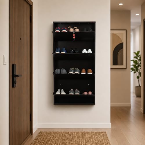 Image of 4 Door Wall Mounted Metal Shoe Rack Cabinet, Brown, 52x26x6 Inch