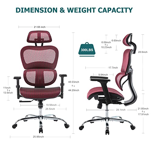 Smug Ergonomic Office High Back Computer, Mesh Home Desk Lumbar Support, Tilt And Lock, Comfy Rolling Executive Swivel Task Chair With 3D Adjustable Headrest And Armrests, Red #TOP2