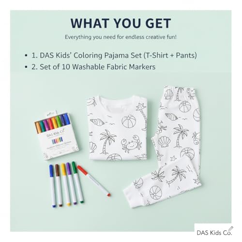 Image of Soft Lycra Reusable Kids T-Shirt & Pant Set with 10 Washable Marker Pens | DIY Coloring Clothes for Boys & Girls | Reusable Creative Pajama Gift Set(4-5 Year) (Fun and Sun)