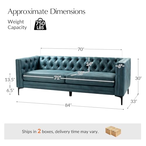 Image of HULALA HOME 84 inch W Faux Leather Sofa, Mid Century Modern Couch with Metal Legs and Button Tufted, 3 Seater Contemporary Upholstered Couches for Living Room, Entertainment Area, Apartment, Blue
