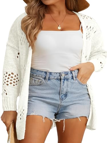 Image of Plus Size Womens Crochet Cardigans Sweater Boho Long Sleeve Lightweight Oversized Open Front Loose Fit Knitted Tops