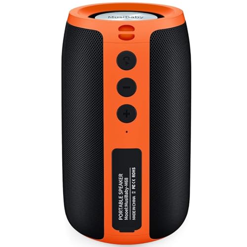 Image of Musibaby M68 Bluetooth Speaker, 12W, IPX5, 24H Playtime, OrangeBlack | Portable, small and compact with USB playback, AUX input, FM radio, TF card playback, up to 24H and dual pairing.
