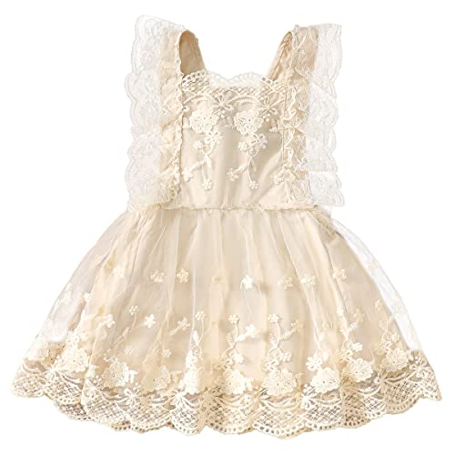 Toddler Baby Girl 3rd 4th Birthday Outfit Floral Lace Tulle Tutu Dress Backless Skirt Sleeveless Ruffle Dresses Flower Headband One Year Cake Smash Princess Boho Clothes Photo Shoot Beige 3-4T