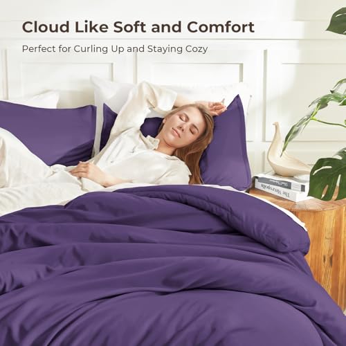 Image of Litanika Dark Violet Purple Comforter Set Full Size, 3 Pieces Lightweight Solid Bedding Comforter Set, All Season Fluffy Bed Set (79x90In Comforter & 2 Pillowcases)