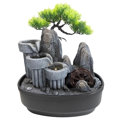 Lemodo Zimmerbrunnen LED Indoor Tischbrunnen mit Wasserrad Feng Shui Wasserfall mit Beleuchtung und Dekobaum Kaskadenbrunnen Deko für Wohnzimmer Schlafzimmer Büro Luftbefeuchter Wellness 27x19x31 cm