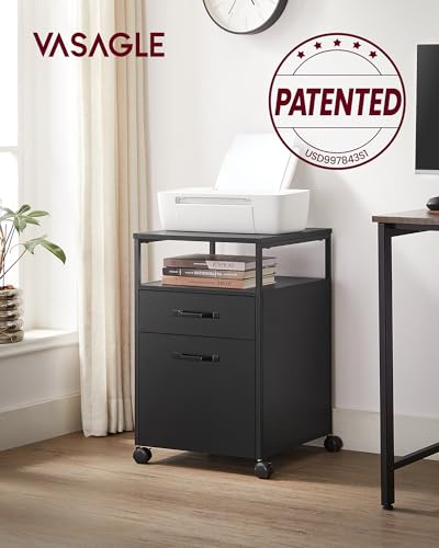 Image of VASAGLE File Cabinet, Mobile Filing Cabinet with Wheels, 2 Drawers, Open Shelf, for A4, Letter Size, Hanging File Folders, Ink Black UOFC071B16