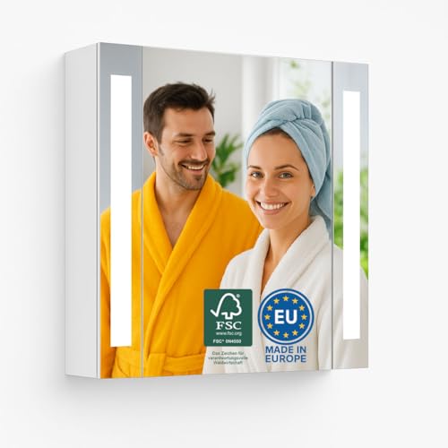 HAPA Design Badspiegelschrank mit Beleuchtung 60 x 60 x 16,5cm. Einfache Montage, in der EU produziertes Qualitätsprodukt, tauschbares LED Licht, Steckdose und Schalter, weiß