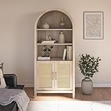Modern Arched Storage Cabinet with Cane Doors, Open Display Storage Shelf for Office Living Room, Light Wood, 70.1x31.3x18.5 Inch, Adjustable Shelves, Wine Bottle Storage, Multifunctional Bookcase
