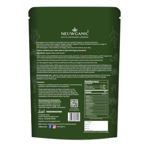Image of Organic Neem Leaf Powder - Neem Powder for Face Pack, Eating, Hair & Skin Care - 200 Gm - Pack of 2