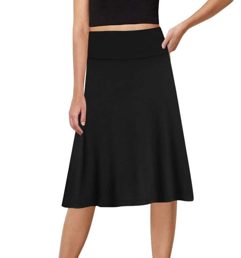 Sweet Hearts A-Line Midi Skirts for Women- High Waist Knee Length Casual Flared Flowy Skirt Made in USA Black