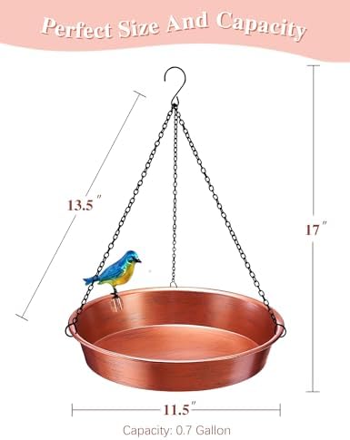 Hanging Bird Bath for Outside, 11.5β Antique Copper Metal Birdbath Bowl & Feeder with Black Chain for Outdoor Garden Yard Decor (0.7 Gallon) - 2